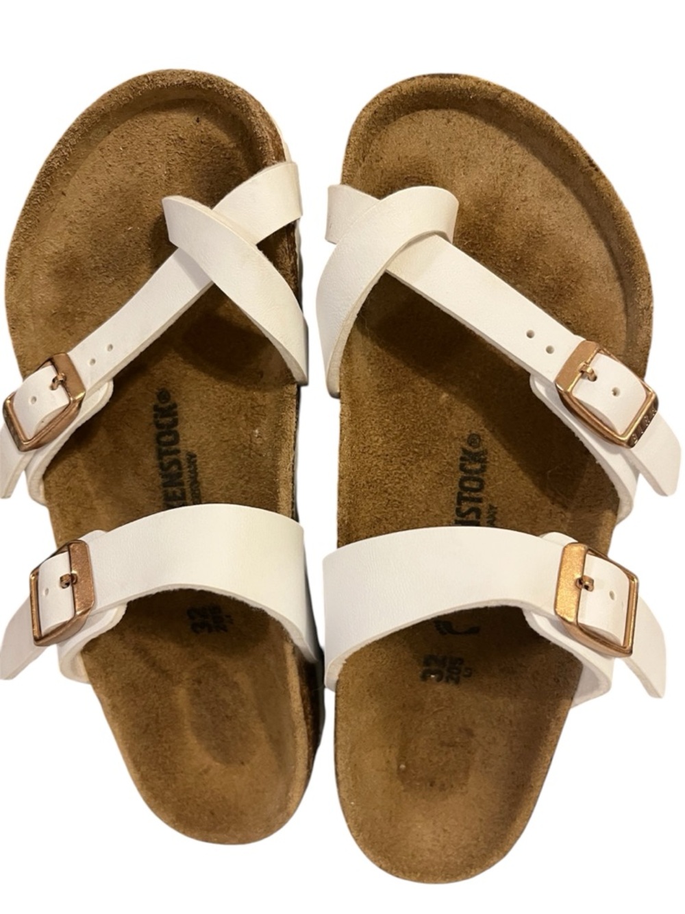 Birkenstock White Leather Cross-Strap Sandals with Gold Buckles